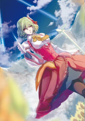 Rule 34 | 1girl, black pantyhose, blue sky, bow, bowtie, breasts, closed mouth, cloud, cloudy sky, corset, cowboy shot, dutch angle, eluber, gloves, green hair, hair between eyes, highres, holding, juliet sleeves, kazami yuuka, large breasts, long sleeves, looking at viewer, medium hair, outdoors, pantyhose, puffy sleeves, red corset, red eyes, red skirt, shirt, skirt, sky, solo, touhou, white gloves, white shirt, wide sleeves, yellow bow, yellow bowtie