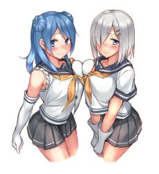 Rule 34 | 2girls, black sailor collar, black skirt, blue eyes, blue hair, blush, breast press, breasts, character request, closed mouth, double bun, elbow gloves, embarrassed, fumikiri, gloves, hair bun, hair ornament, hair over one eye, hairclip, hamakaze (kancolle), kantai collection, large breasts, long hair, looking at viewer, medium hair, miniskirt, multiple girls, neckerchief, one eye covered, pleated skirt, sailor collar, school uniform, serafuku, shirt, short sleeves, simple background, skirt, sleeves rolled up, smile, symmetrical docking, white background, white gloves, white shirt, yellow neckerchief