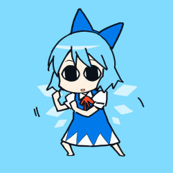 Rule 34 | 1girl, absurdres, bad id, bad pixiv id, blue hair, bow, chibi, cirno, embodiment of scarlet devil, female focus, full body, hair bow, highres, katou haruaki, ribbon, simple background, slit pupils, solo, touhou, wings