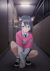 Rule 34 | 1girl, absurdres, animal ears, bad id, bad twitter id, black footwear, black skirt, blue necktie, blush, cat ears, closed mouth, clothes writing, collared shirt, gishiki (gshk), green eyes, highres, layered sleeves, long sleeves, looking at viewer, necktie, original, parted lips, photo background, pink shirt, pleated skirt, profanity, shirt, shoes, short over long sleeves, short sleeves, skirt, slit pupils, socks, solo, vans, white shirt, white socks, wing collar