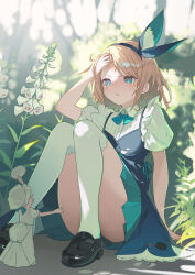 Rule 34 | 2girls, alice (alice in wonderland), alice in wonderland, black footwear, blonde hair, blue eyes, blue hairband, flower, hairband, hand to forehead, highres, holding, holding plate, knees up, mini person, multiple girls, plate, pleated skirt, puffy short sleeves, puffy sleeves, short sleeves, skirt, tearing up, wakuseiy, white flower