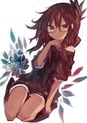 Rule 34 | 1girl, absurdres, bespectacled, black shirt, black shorts, brown eyes, brown hair, glasses, hair between eyes, hand on own chin, highres, inazuma (kancolle), kaamin (mariarose753), kantai collection, kneehighs, looking at viewer, off-shoulder shirt, off shoulder, semi-rimless eyewear, shirt, short shorts, shorts, sitting, smile, socks, solo, wariza, white background