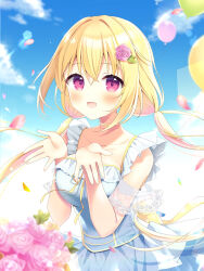 Rule 34 | 1girl, :d, aoi yun, balloon, blonde hair, blue dress, blue sky, blush, breasts, cloud, commentary request, dress, flower, hair between eyes, hair flower, hair intakes, hair ornament, long hair, looking at viewer, low twintails, medium breasts, open mouth, original, outdoors, petals, pink flower, pink rose, purple eyes, rose, sky, sleeveless, sleeveless dress, smile, solo, twintails, very long hair