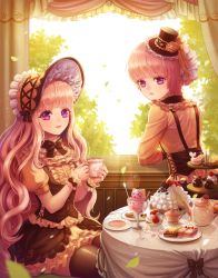 Rule 34 | 2girls, black bow, black dress, black hat, black legwear, bonnet, bow, cake, cake stand, cookie, cup, cupcake, curtains, day, dessert, dress, food, food request, frills, hat, hat bow, holding, holding cup, indoors, jsr, leaf, long hair, looking at viewer, looking back, mini hat, multiple girls, orange bow, original, plate, purple eyes, saucer, scrunchie, short hair, standing, sugar bowl, table, tablecloth, teacup, teapot, tiered tray, very long hair, whipped cream, window, wrist scrunchie