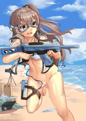Rule 34 | &gt;:d, 1girl, 463 jun, :d, absurdres, asymmetrical hair, bare arms, bare legs, barefoot, beach, bikini, blue sky, blush, breasts, brown eyes, brown hair, camera, cloud, collarbone, day, g11 (girls&#039; frontline), girls&#039; frontline, goggles, gun, highres, holding, holding gun, holding weapon, holster, leg up, long hair, looking to the side, navel, open clothes, open mouth, open vest, outdoors, partially visible vulva, purple-framed eyewear, running, sand, sand castle, sand sculpture, see-through, shiny skin, shore, side-tie bikini bottom, side ponytail, sky, smile, solo, solo focus, stomach, sweat, swimsuit, thigh holster, ump45 (girls&#039; frontline), underboob, untied bikini, v-shaped eyebrows, vest, wardrobe malfunction, water, water drop, water gun, weapon, white bikini