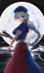 Rule 34 | 1girl, arrow (projectile), blue dress, blue eyes, bow (weapon), braid, breasts, collared dress, constellation, constellation print, cross, dress, full moon, grey eyes, grey hair, hat, highres, huge moon, imperishable night, large breasts, long hair, moon, multicolored clothes, multicolored dress, namiki (remiter00), nurse cap, open mouth, red cross, red dress, single braid, smile, touhou, trigram, two-tone dress, weapon, yagokoro eirin