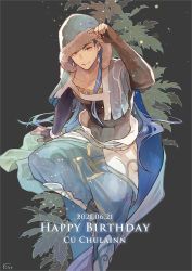 Rule 34 | 1boy, abs, armor, belt, blue hair, bracelet, cape, closed mouth, collarbone, cu chulainn (caster) (fate), cu chulainn (fate), dated, earrings, fate/grand order, fate (series), greaves, happy birthday, harem pants, hood, hood up, hooded cape, jewelry, leaf, long hair, looking at viewer, male focus, muscular, muscular male, pants, red eyes, ro (pixiv34009774), sitting, slit pupils, smile, solo
