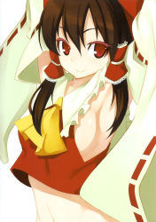 Rule 34 | 1girl, armpits, arms up, breasts, brown hair, colored eyelashes, detached sleeves, eyelashes, female focus, hakurei reimu, highres, japanese clothes, long hair, midriff, miko, navel, red eyes, shingo (missing link), sideboob, simple background, smile, solo, touhou, upper body, white background
