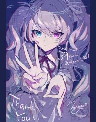 Rule 34 | 1girl, 25-ji miku, 25-ji nightcord de. (project sekai), blue eyes, closed mouth, collared shirt, commentary request, dot nose, gesture request, grey hair, hatsune miku, heterochromia, highres, kazakami 73, long hair, long sleeves, looking at viewer, neck ribbon, ok sign, project sekai, purple eyes, red ribbon, ribbon, shirt, signature, solo, twintails, vocaloid