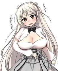 Rule 34 | 1girl, black neckwear, blush, breasts, brown eyes, cleavage, conte di cavour (kancolle), dress, kantai collection, large breasts, long hair, long sleeves, open mouth, rakuto89, simple background, solo, translated, upper body, very long hair, white background, white hair
