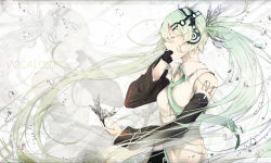 Rule 34 | 1girl, bug, butterfly, copyright name, detached sleeves, closed eyes, green hair, hatsune miku, headphones, highres, bug, long hair, marumoru, mirrored, music, open mouth, singing, solo, striped, striped background, symmetry, tattoo, vocaloid