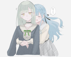 2girls aaieba bang_dream! bang_dream!_it&#039;s_mygo!!!!! blue_dress choker closed_eyes closed_mouth commentary commentary_request dress expressionless frilled_choker frills green_hair grey_background grey_skirt highres hug hug_from_behind long_hair long_sleeves multiple_girls open_mouth plaid_clothes plaid_dress pleated_skirt shirt simple_background skirt speech_bubble sweatdrop togawa_sakiko translation_request two_side_up wakaba_mutsumi yellow_eyes yellow_shirt