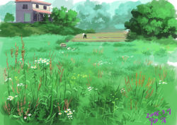 Rule 34 | ambiguous gender, commentary request, dated, day, field, flower, grass, green theme, highres, hirota (masasiv3), house, original, outdoors, scenery, solo, tree