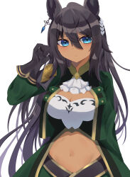 Rule 34 | 1girl, absurdres, animal ears, ascot, black gloves, black hair, blue eyes, closed mouth, commentary request, earrings, gloves, green jacket, hair between eyes, highres, horse ears, horse girl, jacket, jewelry, kaoru (h8qm9), long hair, long sleeves, looking at viewer, midriff, navel, open clothes, open jacket, partial commentary, simple background, single earring, solo, symboli kris s (umamusume), umamusume, very long hair, white ascot, white background