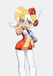 Rule 34 | 1girl, blonde hair, blue eyes, call (mighty no. 9), call e, colorized, garrison cap, hat, jadf, long hair, mighty no. 9, multicolored hair, necktie, open mouth, pantyhose, side ponytail, simple background, solo, thumbs up, two-tone hair
