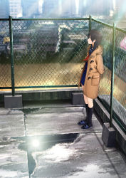 Rule 34 | 1girl, after rain, black hair, black socks, blue skirt, chain-link fence, city, coat, domo1220, duffel coat, fence, from side, kneehighs, light rays, looking to the side, open mouth, original, pleated skirt, profile, puddle, rooftop, sandals, school uniform, serafuku, skirt, socks, solo, standing