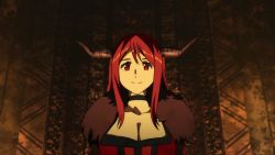 Rule 34 | 10s, 1girl, animated, animated gif, bouncing breasts, breasts, cleavage, close-up, fake horns, female focus, horns, large breasts, long hair, maou (maoyuu), maoyuu maou yuusha, red eyes, red hair, solo