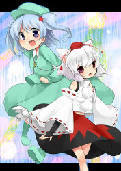Rule 34 | 2girls, absurdres, animal ears, blue eyes, blue hair, boots, bridal gauntlets, detached sleeves, female focus, hair bobbles, hair ornament, hat, highres, inubashiri momiji, kawashiro nitori, key, letterboxed, mikan (ama no hakoniwa), multiple girls, open mouth, red eyes, tokin hat, touhou, two side up, white hair, wolf ears