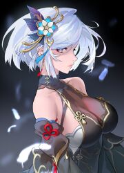 Rule 34 | 1girl, alternate hair length, alternate hairstyle, bare shoulders, black dress, blue eyes, breasts, cleavage, detached sleeves, dress, genshin impact, hair ornament, highres, large breasts, long hair, looking at viewer, official alternate costume, serpent (pepepp39), shenhe (frostflower dew) (genshin impact), shenhe (genshin impact), short hair, sleeveless, sleeveless dress, solo, upper body, white hair
