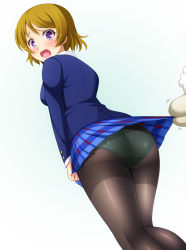 Rule 34 | 10s, 1girl, :o, alpaca, ass, assisted exposure, blazer, brown hair, clothes pull, crotch seam, dutch angle, from behind, from below, highres, idol, jacket, koizumi hanayo, looking at viewer, looking back, love live!, love live! school idol project, miniskirt, nail polish, narutaki shin, open mouth, panties, panties under pantyhose, pantyhose, plaid, plaid skirt, pleated skirt, purple eyes, school uniform, short hair, simple background, skirt, skirt pull, skirt tug, solo, standing, tears, underwear, white background