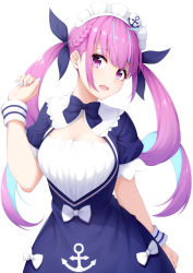 Rule 34 | 1girl, absurdres, ahoge, anchor symbol, blue hair, breasts, cleavage, colored inner hair, cuffs, hair ribbon, highres, hololive, large breasts, long hair, looking at viewer, maid, maid headdress, minato aqua, minato aqua (1st costume), multicolored hair, nail polish, ochiai miyabi, open mouth, purple eyes, purple hair, ribbon, simple background, solo, streaked hair, twintails, virtual youtuber, white background