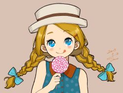 Rule 34 | 1girl, :q, aqua ribbon, bare shoulders, blonde hair, blue shirt, blush, braid, brown background, candy, closed mouth, commentary, dated, food, hair ribbon, hat, highres, holding candy, holding food, holding lollipop, lollipop, long hair, looking at viewer, polka dot, polka dot shirt, ribbon, sako (35s 00), shirt, signature, simple background, smile, solo, tongue, tongue out, tress ribbon, twin braids, white hat
