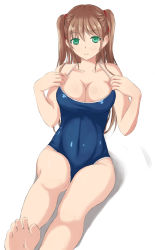 Rule 34 | 1girl, breasts, brown hair, cleavage, competition school swimsuit, feet, green eyes, harami, legs, long hair, one-piece swimsuit, original, school swimsuit, simple background, sitting, solo, strap pull, swimsuit, twintails, white background