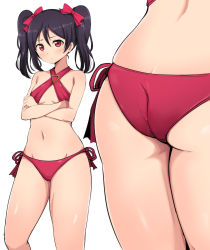 Rule 34 | 1girl, absurdres, ass, bikini, black hair, blush, breasts, close-up, criss-cross halter, crossed arms, halterneck, highres, love live!, multiple views, navel, red bikini, red eyes, simple background, small breasts, swimsuit, twintails, wewe, white background, yazawa nico