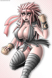 Rule 34 | 1girl, angry, black sclera, blush, breasts, capcom, cleavage, colored sclera, curvy, dark-skinned female, dark skin, dougi, evil ryu, fangs, female focus, fingerless gloves, gender request, genderswap, gloves, headband, highres, large breasts, leg wrap, long hair, open mouth, red eyes, red hair, ryu (street fighter), solo, spiked hair, street fighter, takilmar, thong, torn clothes, wide hips