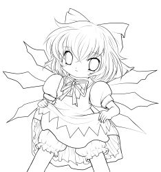 Rule 34 | 1girl, absurdres, bow, cirno, clothes lift, dress, dress lift, greyscale, hair bow, highres, lineart, looking at viewer, monochrome, short hair, solo, touhou, transparent background, yume shokunin