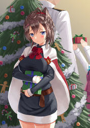 Rule 34 | 1boy, 2girls, admiral (kancolle), blue eyes, blush, box, brown hair, cape, christmas, christmas ornaments, christmas tree, closed mouth, cowboy shot, flower, gift, gift box, hair between eyes, holding, holding gift, kantai collection, long sleeves, mayura (lucadia), medium hair, military, military uniform, multiple girls, naval uniform, pout, red cape, red flower, red rose, rose, sheffield (kancolle), solo focus, uniform