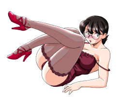 Rule 34 | 1girl, ass, blush, camisole, doraemon, glasses, high heels, looking at viewer, lying, mature female, nobi tamako, panties, red footwear, shoes, short hair, simple background, solo, thighhighs, underwear, white background
