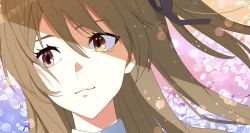 Rule 34 | assault lily, black ribbon, blue background, brown hair, closed mouth, commentary request, floral background, gradient background, hair between eyes, hair ribbon, heterochromia, highres, kikikaikai (kikikaikai chan), kuo shenlin, light particles, light smile, long hair, looking away, looking to the side, multicolored background, one side up, orange background, pink background, portrait, red eyes, ribbon, shade, sideways glance, yellow eyes