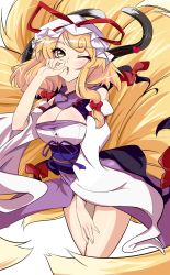 Rule 34 | 1girl, blonde hair, bow, breasts, cat tail, chen, cleavage, cleavage cutout, clothing cutout, female focus, fox tail, hair bow, hat, hat ribbon, highres, initial f, multiple tails, obi, one eye closed, open mouth, ribbon, sash, short hair, solo, tail, touhou, wink, yakumo ran, yakumo yukari, yellow eyes