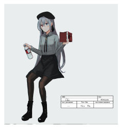 Rule 34 | 1girl, beret, black footwear, black hat, black ribbon, black skirt, blue eyes, book, boots, bottle, box, brown pantyhose, chihuri, collared shirt, cross-laced footwear, dress shirt, eve (chihuri), grey background, grey shirt, hair between eyes, hair ribbon, hat, heterochromia, highres, holding, holding book, holding box, lace-up boots, long hair, open book, original, pantyhose, red eyes, ribbon, russian text, shirt, silver hair, sitting, skirt, solo, two-tone background, very long hair, water bottle, white background