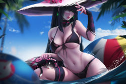 Rule 34 | 1girl, absurdres, artist name, bad id, bad pixiv id, ball, beach, beachball, black bra, black hair, black panties, blurry, bra, breasts, bridal gauntlets, cat, cleavage, cloud, cloudy sky, commentary request, cowboy shot, curvy, d-han, day, depth of field, earrings, eyepatch, fingernails, front-tie bra, gloves, green eyes, hand on headwear, hat, head tilt, highres, jewelry, large breasts, leaning back, long hair, looking at viewer, navel, nose, original, outdoors, palm tree, panties, partially submerged, scar, sidelocks, single glove, sitting, sky, solo, thigh strap, tree, underboob, underwear, water, wide hips