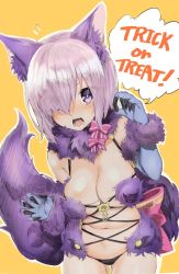 Rule 34 | 1girl, animal ears, bikini, black bikini, breasts, cleavage, commentary, cowboy shot, elbow gloves, english text, fate/grand order, fate (series), flying sweatdrops, frown, fur-trimmed gloves, fur collar, fur trim, gloves, gluteal fold, hair over one eye, halloween, halloween costume, highres, large breasts, leaning forward, looking at viewer, mash kyrielight, mash kyrielight (dangerous beast), navel, open mouth, orange background, outline, purple eyes, purple gloves, purple tail, revealing clothes, short hair, solo, speech bubble, standing, sutora binsuke, swimsuit, tail, thigh gap, trick or treat, white outline, wolf ears, wolf tail