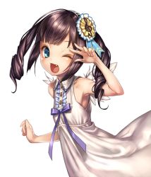 Rule 34 | 1girl, armpits, bad id, bad twitter id, bare shoulders, black hair, blue eyes, blunt bangs, bow, collared dress, commentary request, dress, drill hair, fake wings, fang, fortissimo, hair ornament, looking at viewer, medium hair, musical note, musical note hair ornament, nakasaki hydra, one eye closed, open mouth, original, purple bow, purple ribbon, ribbon, sleeveless, sleeveless dress, solo, tongue, transparent background, twin drills, upper body, v, v over eye, white dress, wings