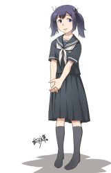 Rule 34 | 1girl, alternate costume, black serafuku, black skirt, blue eyes, blue hair, commentary request, dress, hair ribbon, highres, kantai collection, long skirt, neckerchief, osamada meika, own hands clasped, own hands together, pleated dress, ribbon, school uniform, serafuku, simple background, skirt, solo, souryuu (kancolle), twintails, white background, white neckerchief