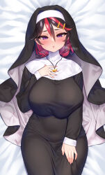 Rule 34 | 1girl, ariduka formica, bed sheet, black hair, blush, breasts, commentary request, hair between eyes, hand on own chest, headpiece, heart, heart necklace, highres, jewelry, large breasts, long sleeves, looking at viewer, lying, medium hair, multicolored hair, necklace, nun, ogre (illustogre), on back, open mouth, pink hair, second-party source, solo, steaming body, virtual ant channel, virtual youtuber