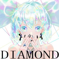 Rule 34 | 1other, androgynous, bare shoulders, black nails, bob cut, bow, character name, closed mouth, colored eyelashes, commentary, crystal hair, diamond (houseki no kuni), earrings, english commentary, eyelashes, gem, gii (cvpj3777), glint, hair bow, hands over own mouth, hands up, highres, houseki no kuni, jewelry, looking at viewer, multicolored bow, multicolored eyes, multicolored hair, multicolored nails, nail art, nail polish, necklace, purple gemstone, ring, short hair, smile, solo, sparkle, star (symbol), straight-on, white background