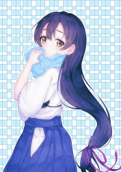 Rule 34 | 1girl, absurdres, alternate hairstyle, aqua towel, artist name, artist request, blue hair, blue hakama, blue skirt, blush, breasts, collarbone, female focus, floating hair, from behind, hair between eyes, hair ribbon, hair tie, hakama, hakama skirt, highres, holding, holding towel, japanese clothes, kimono, layered skirt, long hair, long sleeves, looking at viewer, looking back, love live!, love live! school idol festival, love live! school idol project, low ponytail, miniskirt, muneate, parted lips, plaid, plaid kimono, plaid skirt, pleated, pleated skirt, ponytail, purple ribbon, ribbon, short sleeves, skirt, smile, solo, sonoda umi, towel, wavy hair, white kimono, yellow eyes