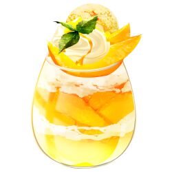 Rule 34 | cup, drinking glass, food, food focus, highres, ice cream, mango, no humans, original, parfait, short208, syrup, transparent background