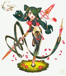 Rule 34 | 1girl, bad id, bad pixiv id, black bodysuit, black footwear, blush, bodysuit, earrings, facial mark, flower, flower-shaped pupils, full body, green hair, green ribbon, grey background, hair over one eye, highres, holding, holding polearm, holding spear, holding weapon, jewelry, long hair, long sleeves, low-tied long hair, low twintails, open mouth, original, petals, polearm, red eyes, red flower, ribbon, see-through, shoes, sleeves past wrists, solo, spear, standing, standing on one leg, symbol-shaped pupils, teeth, twintails, two side up, upper teeth only, very long hair, weapon, yai (hachihito)