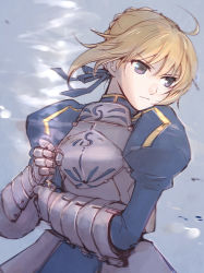 Rule 34 | 1girl, ahoge, armor, armored dress, artoria pendragon (all), artoria pendragon (fate), blonde hair, blouse, dress, excalibur (fate/stay night), fate/stay night, fate (series), female knight, gauntlets, green eyes, hair ribbon, holding, holding sword, holding weapon, invisible air (fate), knight, looking to the side, nochi (jyunchi), puffy sleeves, ribbon, saber (fate), shirt, solo, sword, weapon