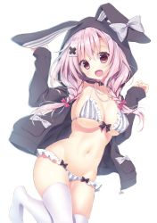 Rule 34 | 1girl, animal hood, bikini, black bow, black bowtie, bow, bowtie, braid, breasts, cleavage, frilled bikini, frills, grey bikini, grey bow, groin, hair bow, hair ornament, hairclip, hood, hoodie, jewelry, large breasts, long hair, long sleeves, looking at viewer, lowleg, lowleg bikini, navel, necklace, open clothes, open hoodie, open mouth, original, pearl necklace, pink bow, pink eyes, pink hair, pocket, polka dot, polka dot bow, rabbit hood, ryouka (suzuya), simple background, skindentation, sleeves past wrists, smile, solo, stomach, striped bikini, striped clothes, swimsuit, thighhighs, twin braids, underboob, white background, white thighhighs