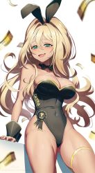 Rule 34 | 1girl, animal ears, bare hips, bare shoulders, black leotard, blonde hair, bow, bowtie, breasts, cleavage, covered navel, cowboy shot, fang, floating hair, goddess of victory: nikke, gold trim, green eyes, gyaru, hair between eyes, hair intakes, highleg, highleg leotard, highres, kogal, large breasts, leaning back, leaning on object, leotard, long hair, looking at viewer, open mouth, playboy bunny, rabbit ears, revenantart, rupee (nikke), simple background, smile, solo, strapless, strapless leotard, tan, thigh strap, thighs, very long hair