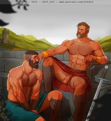 Rule 34 | 2boys, 4nt 0n3, abs, absurdres, arm hair, back hair, bara, beard, blush, chest hair, covering privates, covering crotch, facial hair, field, finn (4nt 0n3), flaccid, foreskin, gladiator, goatee stubble, grass, hairy, highres, large pectorals, leg hair, looking to the side, male focus, mature male, mountainous horizon, multiple boys, muscular, muscular male, mutton chops, navel, navel hair, nervous sweating, nipples, olly (4nt 0n3), original, pectorals, perspective, short hair, spread legs, stubble, sweat, thick eyebrows, thick mustache, thick thighs, thighs, uncensored, undercut, yaoi