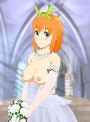 Rule 34 | 1girl, 3d, blue eyes, blush, bouquet, breasts, bridal gauntlets, bridal veil, bride, church, classmate daisuki, closed mouth, collarbone, dress, flower, gloves, go-toubun no hanayome, grey dress, hairband, highres, holding, jewelry, looking at viewer, medium breasts, nakano yotsuba, necklace, nipples, orange hair, rock, short hair, smile, solo, stained glass, standing, tiara, veil, wedding dress, white gloves, window