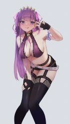 Rule 34 | 1girl, :q, arm garter, bare shoulders, bb (fate), bb (fate) (all), bb (swimsuit mooncancer) (fate), bb (swimsuit mooncancer) (second ascension) (fate), belt, bikini, bikini top only, black gloves, black shorts, black thighhighs, blunt bangs, blush, breasts, cleavage, collarbone, fate/grand order, fate (series), fingerless gloves, garter straps, gloves, grey background, hair ornament, hair ribbon, hairband, highres, large breasts, leaning forward, long hair, looking at viewer, loose belt, micro shorts, nail polish, navel, neck ribbon, pepeo, purple bikini, purple eyes, purple hair, purple nails, purple ribbon, raised eyebrows, ribbon, shorts, solo, standing, star (symbol), star hair ornament, stomach, straight hair, studded garter belt, swimsuit, thighhighs, thighs, tongue, tongue out, v, white belt